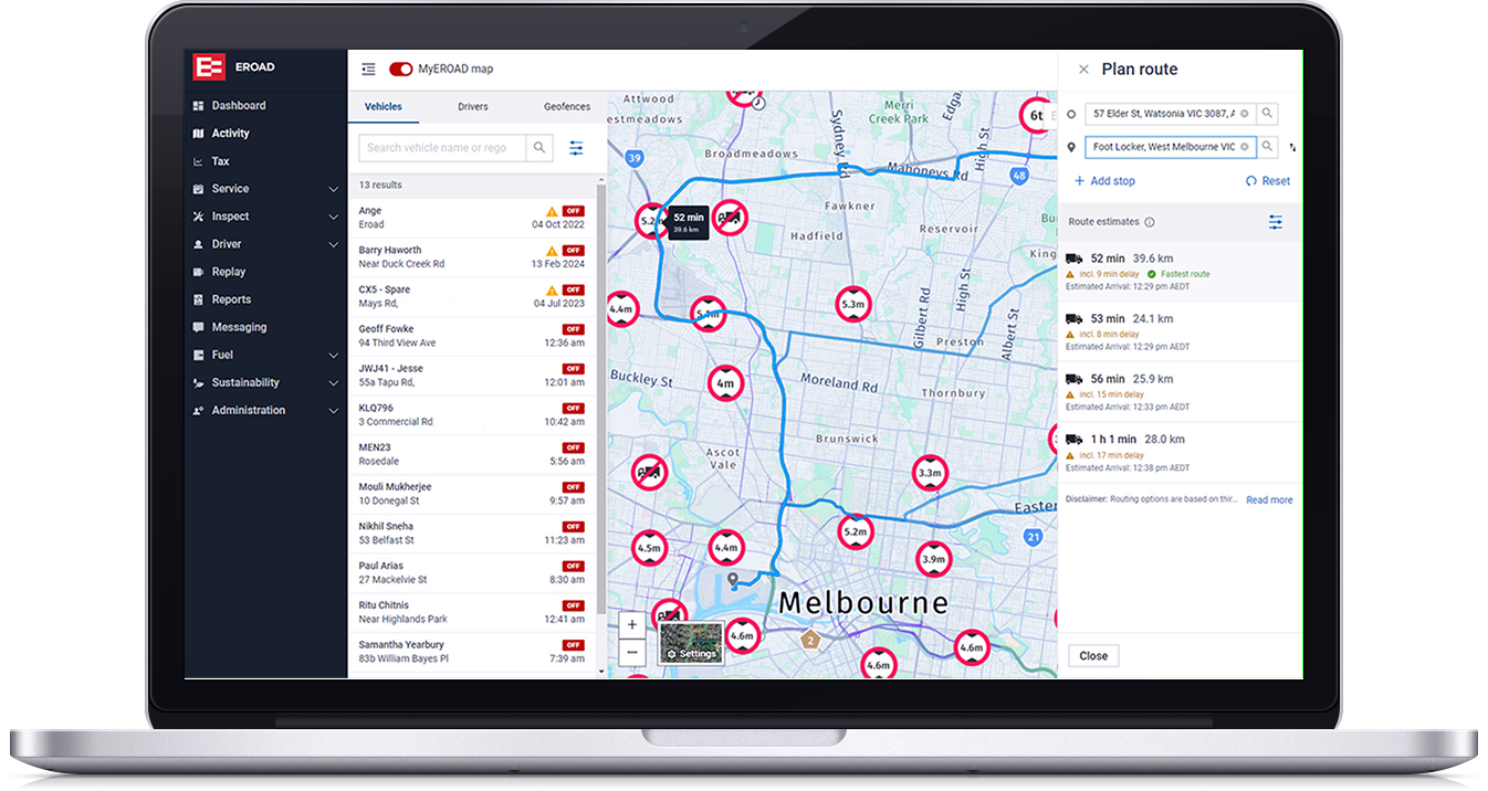The MyEROAD fleet map on a laptop