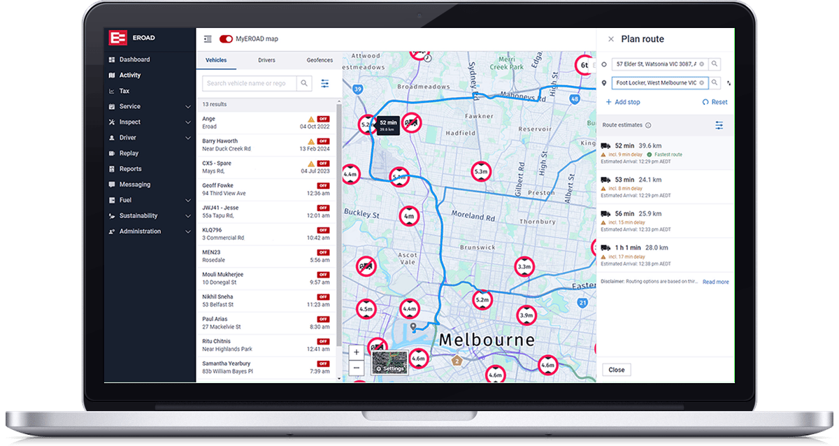 MyEROAD map on a laptop with a Plan route panel and truck road restriction markers across Melbourne