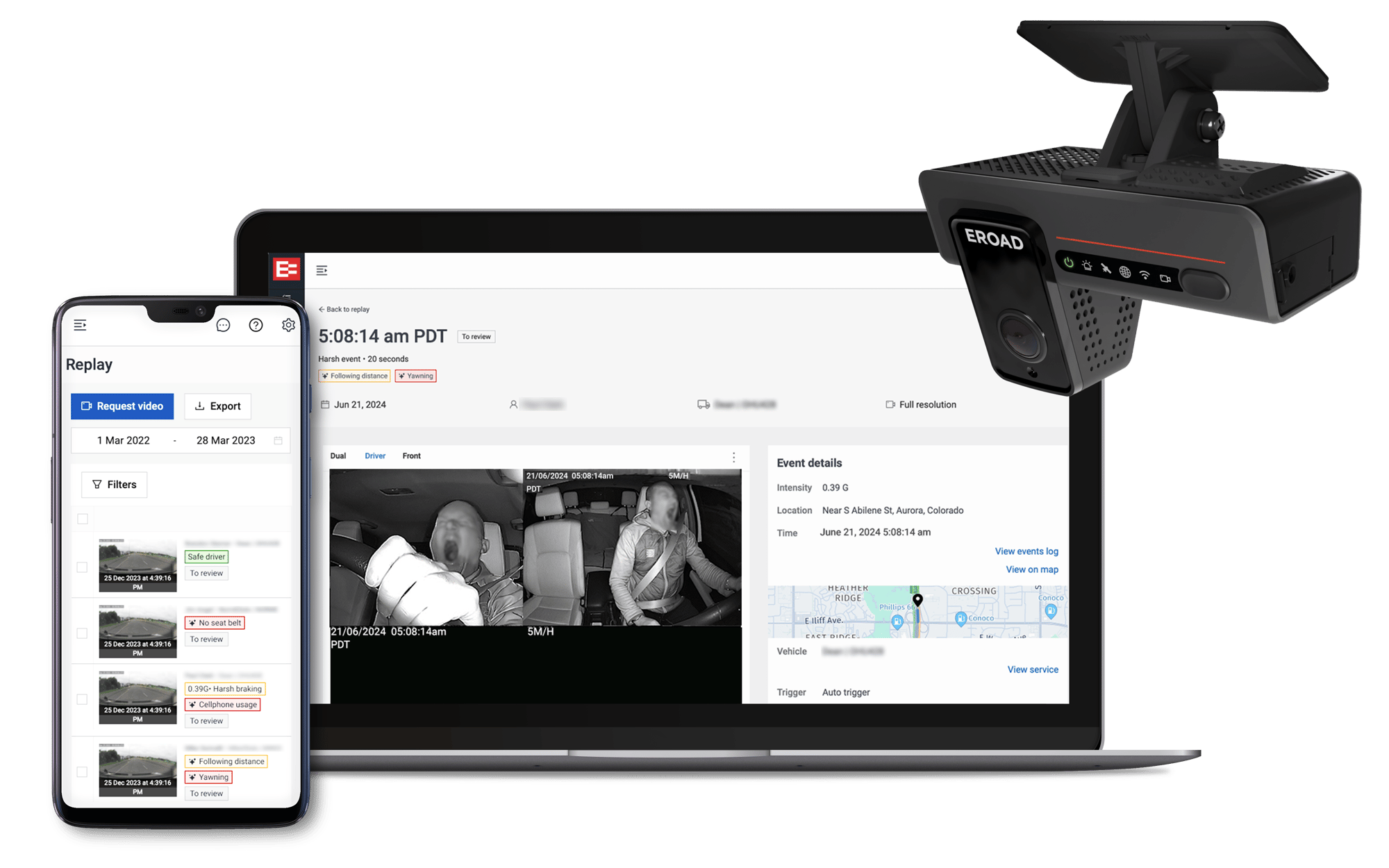 Image shows a laptop with dashcam video portal; Clarity Edge AI dashcam; and mobile app with dashcam clips