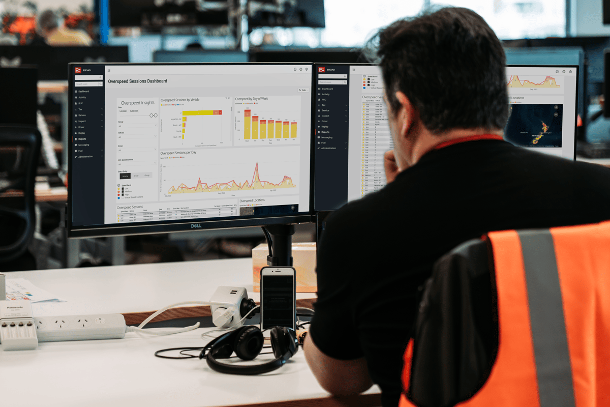 Person in a hi-vis vest reviewing the Overspeed Sessions Dashboard on two monitors