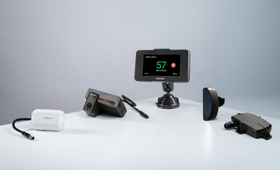 EROAD hardware range, including an Ehubo2, a dashcam, an Iridium satellite unit and a GPS tracker