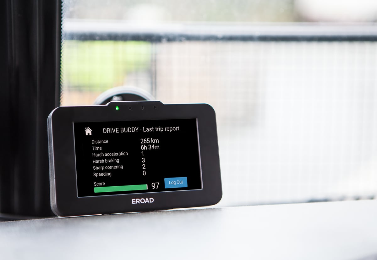EROAD telematics device displaying driver score at end of a trip
