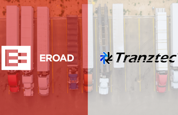 EROAD and Tranztec logos superimposed on overhead shots of tractor trailers