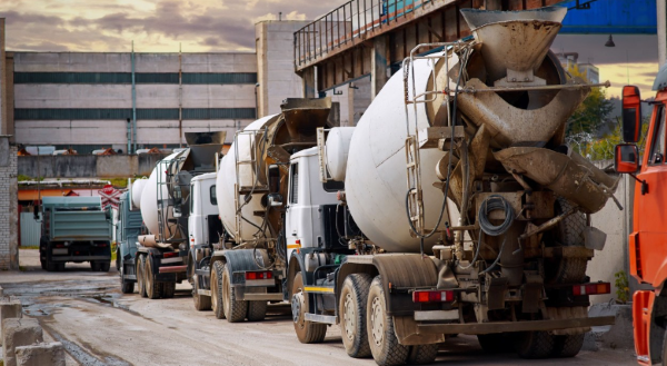 ready-mix trucks at a job site