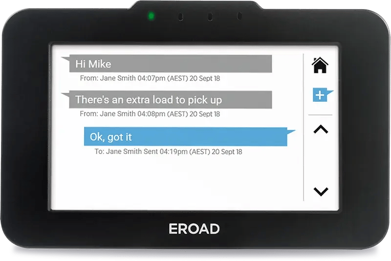 EROAD in-cab device showing messages about an extra load to pick up and the driver's reply, Ok, got it