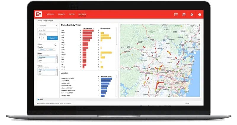 MyEROAD Driver Safety Report on a laptop, with driving events by vehicle and a map around Sydney