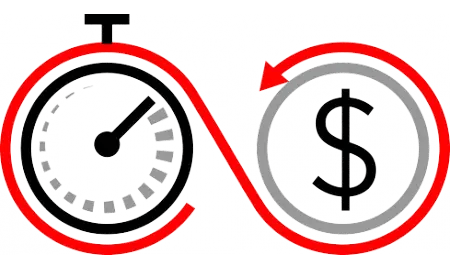 Stopwatch and dollar sign joined by a red looping arrow