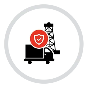 Truck and drilling rig icon with a red shield and tick