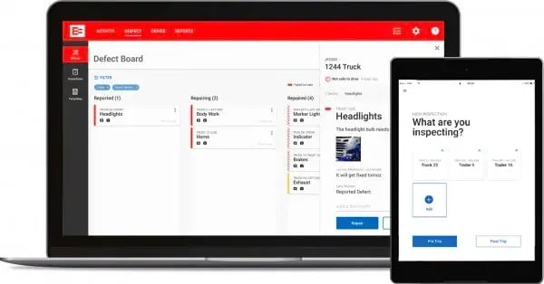 EROAD Inspect Defect Board on a laptop and a vehicle inspection screen on a tablet