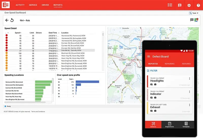 EROAD Over Speed Dashboard listing speeding events by location, beside a phone showing the Defect Board
