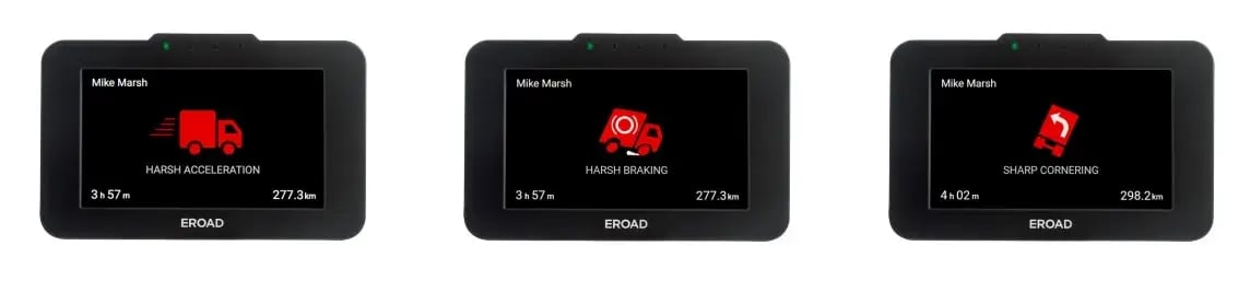 Three EROAD in-cab devices showing harsh acceleration, harsh braking and sharp cornering alerts