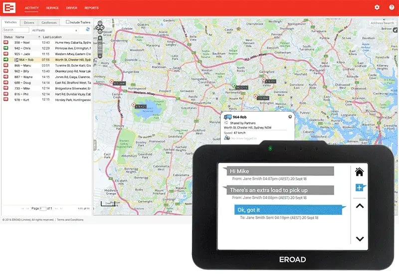 MyEROAD fleet map beside an EROAD in-cab device showing a message about an extra load to pick up