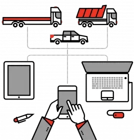 Illustration of a phone in hand connected to two trucks, a ute, a tablet and a laptop