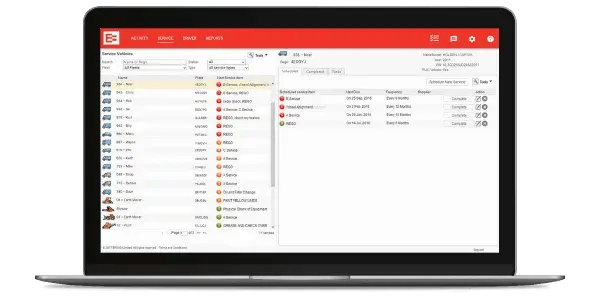 MyEROAD Service screen on a laptop, listing vehicles with their next service item and scheduled services