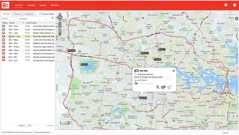 EROAD Share map of Sydney with a vehicle pop-up marked Shared by Partners, beside a list of fleet vehicles