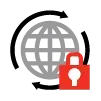 Security icon of a globe with a red padlock inside circular arrows