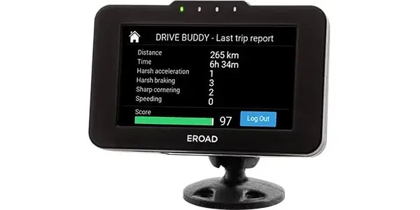 EROAD in-cab device showing a Drive Buddy last trip report with a score of 97