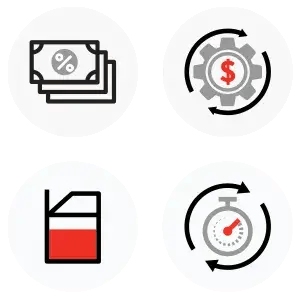 Four icons: banknotes with a percent sign, a gear with a dollar sign, a fuel can and a stopwatch
