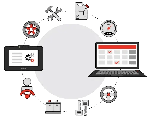 Illustration of an EROAD in-cab device and a laptop schedule ringed by vehicle maintenance icons