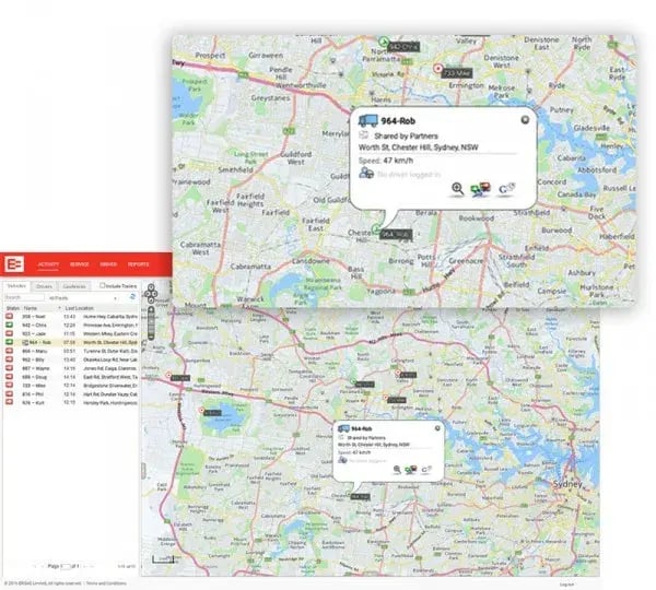 EROAD Share on a MyEROAD map of Sydney, showing a partner's vehicle with its location and speed