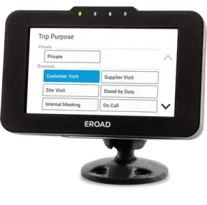 EROAD in-cab device showing a trip purpose screen with private and business options