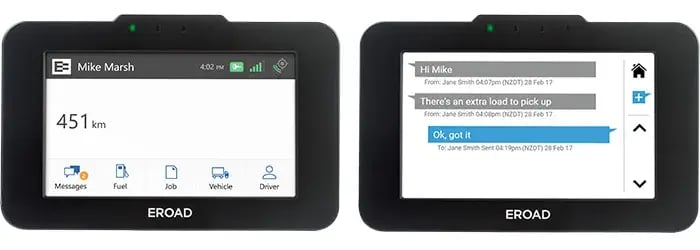 EROAD in-cab screens showing the driver home menu and a two-way message about an extra load