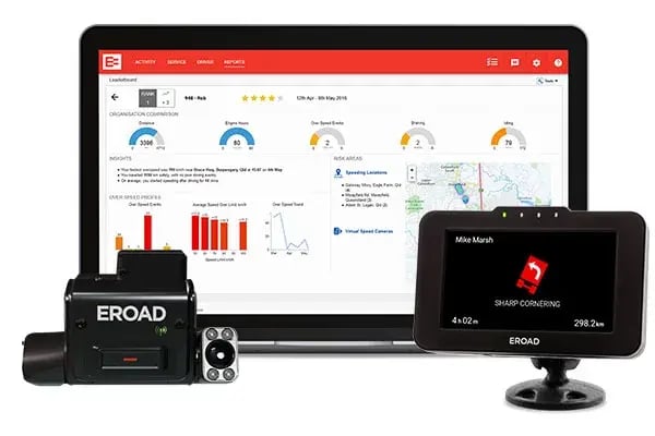 EROAD Clarity dashcam, an in-cab device showing a sharp cornering alert and a MyEROAD Leaderboard on a laptop