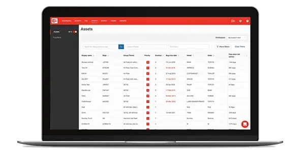 MyEROAD Fleet Maintenance assets list on a laptop, showing each vehicle's due dates and days since last service