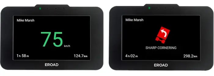 EROAD in-cab Drive Buddy screens showing a speed of 75 km/h and a sharp cornering alert