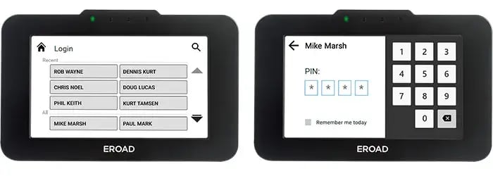 EROAD in-cab Driver Login screens, a list of driver names and a PIN entry keypad