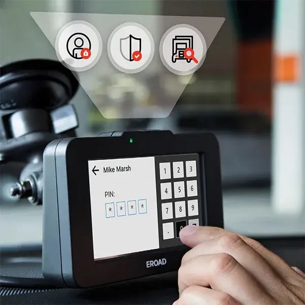 Hand entering a PIN on an EROAD device login screen for driver Mike Marsh, with security icons above