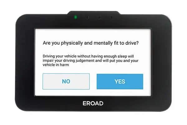 Ehubo2 screen asking if the driver is physically and mentally fit to drive, with No and Yes buttons