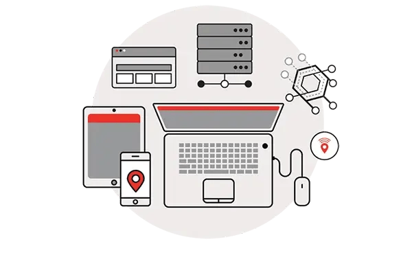 Illustration of a laptop, tablet, phone with a location pin, server and network icons