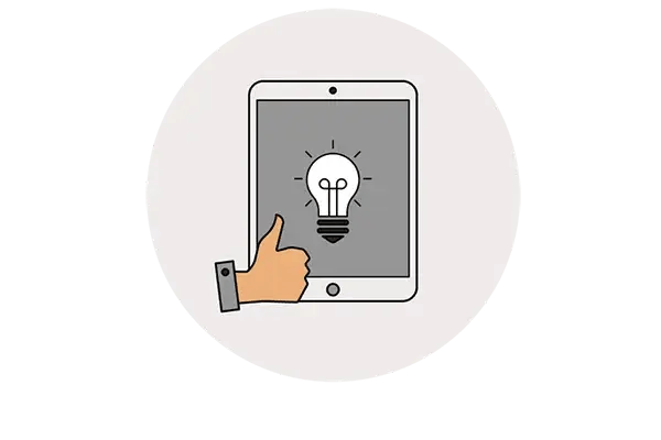 Illustration of a thumbs up beside a tablet showing a lightbulb