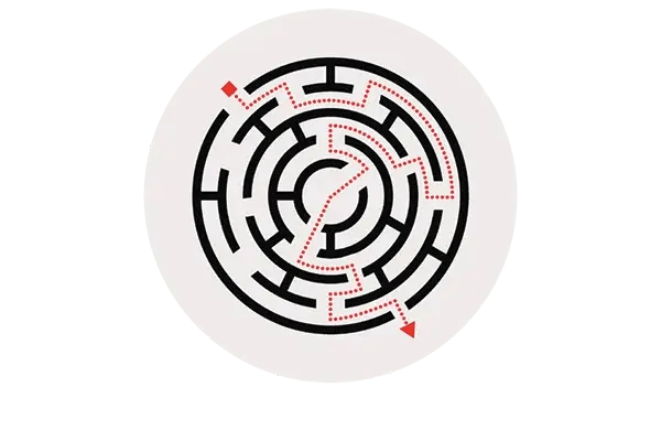Illustration of a circular maze with a red dotted path leading out
