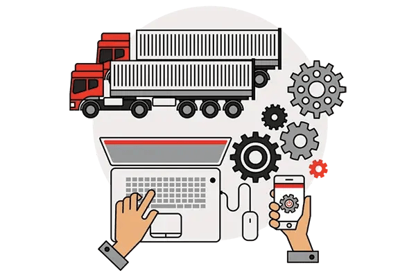 Illustration of trucks and cogs, with hands using a laptop and a phone showing a settings icon