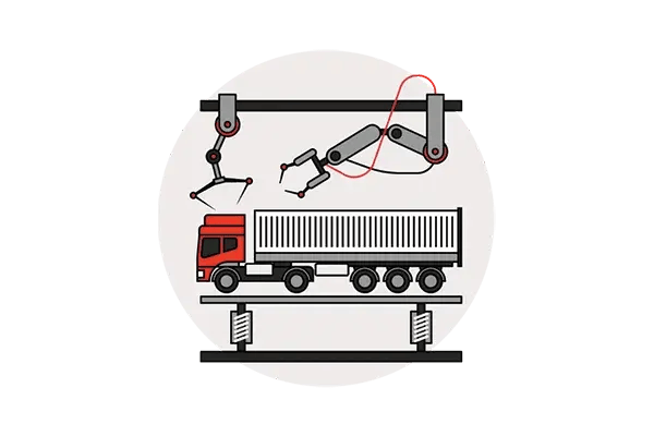 Illustration of robotic arms working on a red truck raised on a hoist