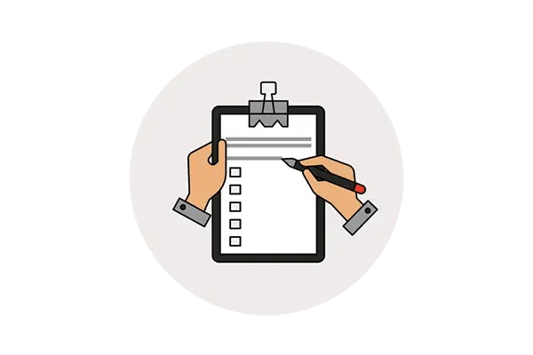 Illustration of hands filling in a blank checklist on a clipboard with a pen