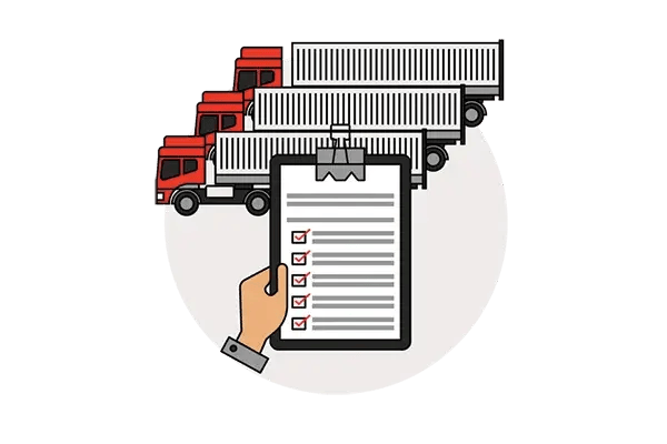 Illustration of a hand holding a completed clipboard checklist in front of three red trucks