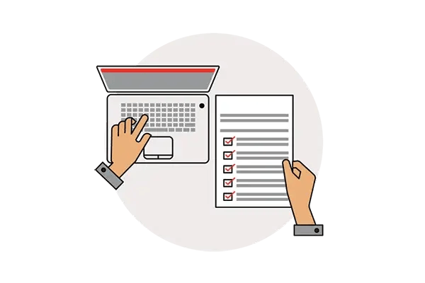 Illustration of a hand typing on a laptop while holding a ticked paper checklist