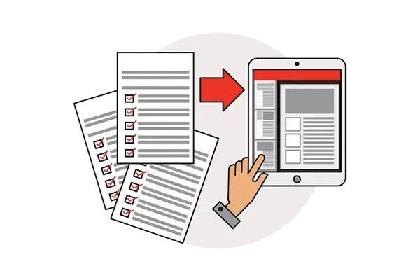Illustration of ticked paper checklists with an arrow pointing to a hand using a tablet