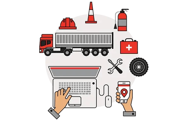 Illustration of a truck, safety gear, tools and a tyre, with hands using a laptop and a phone showing a location pin