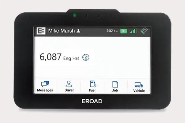 EROAD in-cab device home screen showing 6,087 engine hours for driver Mike Marsh