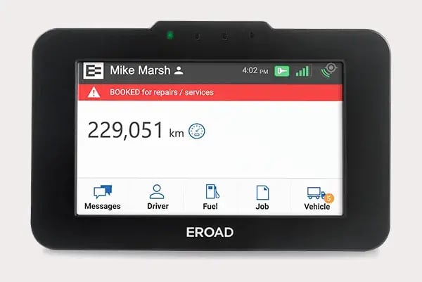 Ehubo2 screen showing 229,051 km and a red alert reading Booked for repairs / services