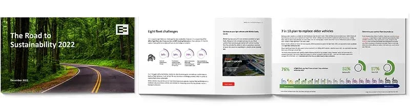 The Road to Sustainability 2022 report cover beside open pages on light fleet challenges