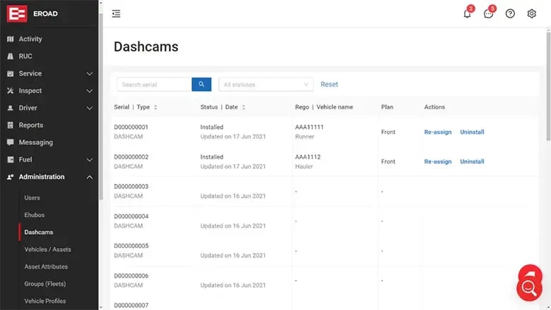 MyEROAD Dashcams list showing serial numbers, install status, vehicles and re-assign actions
