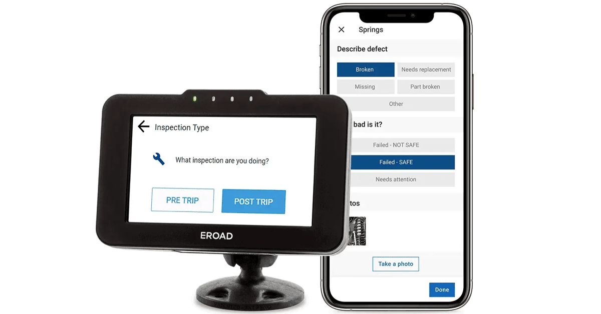 EROAD in-cab device asking for a pre-trip or post-trip inspection, beside a phone recording a defect