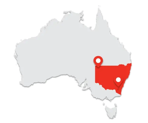 Map of Australia with New South Wales and the ACT highlighted in red and marked with location pins