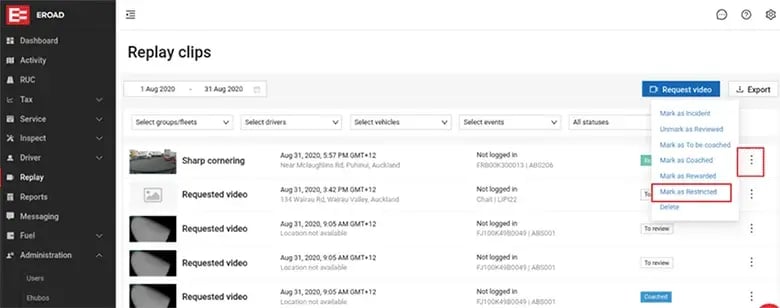 MyEROAD Replay clips list with the Mark as Restricted option highlighted in the actions menu