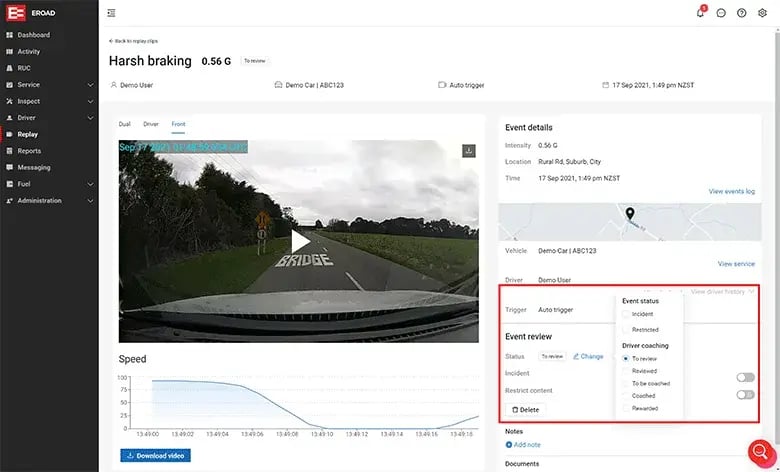 MyEROAD Replay harsh braking event details, with the event status options highlighted